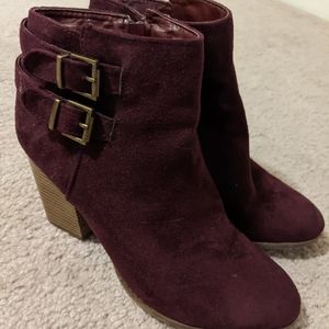 Dark Purple Suede Bootie with Wood Block Heel and Buckle detailing